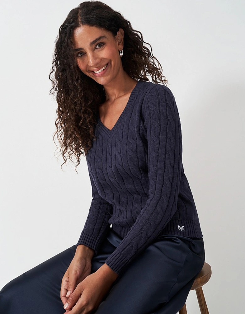 Women's Chunky Cable Knit V-Neck Jumper Heritage Navy