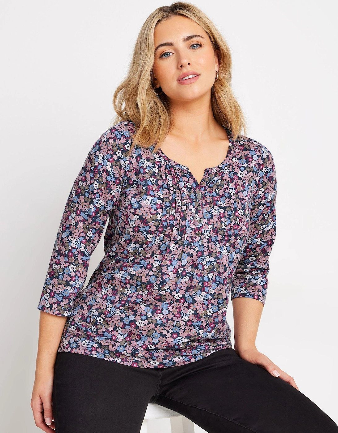 Floral 3/4 Sleeve Henley Top, 2 of 1