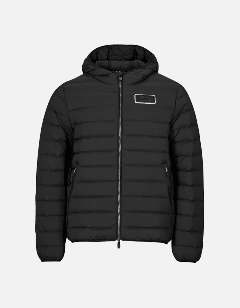 Padded Rubberised Logo Hooded Black Jacket