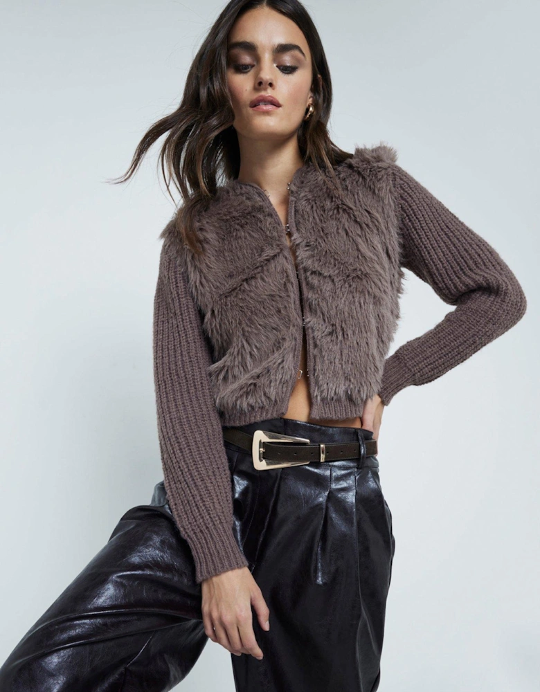 Fur Front Cardigan - Brown