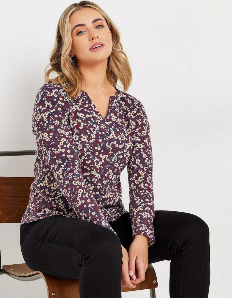 Notch Neckline, Floral Print, Long Sleeves, Made From A Soft Cotton Fabric, 100 Cotton, Length From Approx: 63Cm/248, Machine Washable - Purple