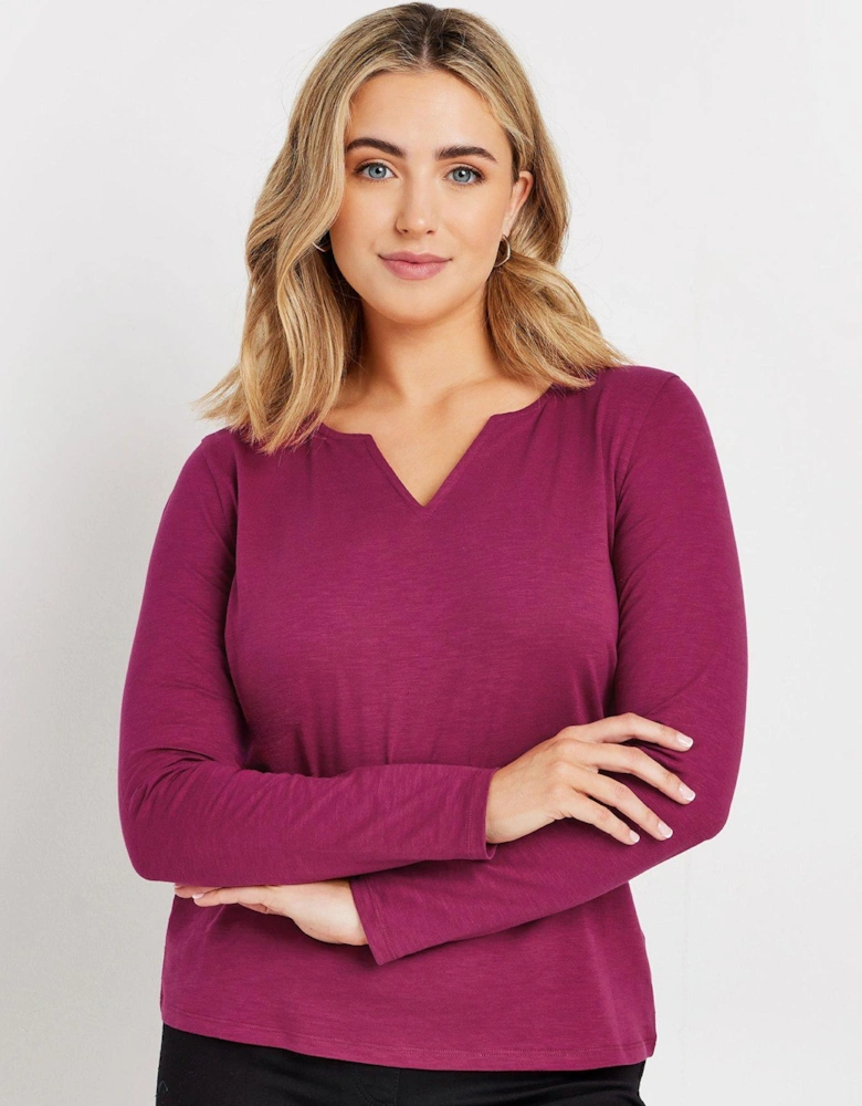 Cotton V-Neck Top - Berry