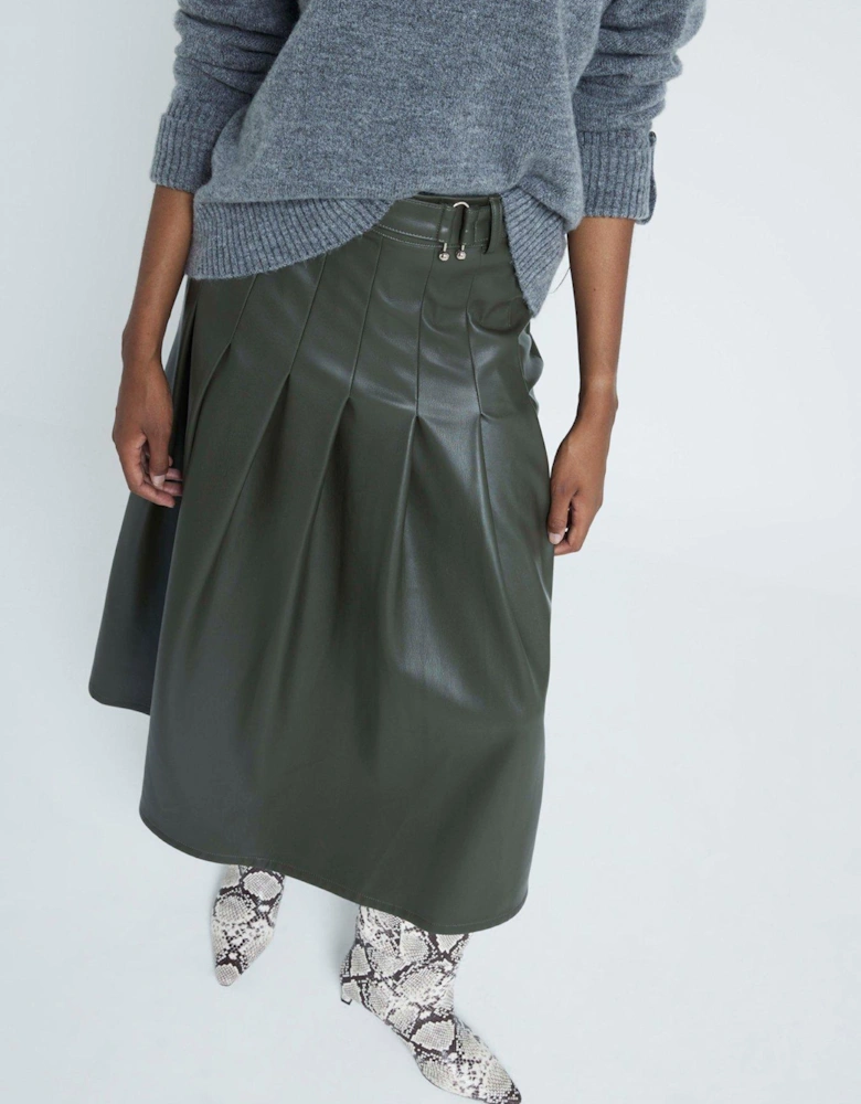 Pu Pleated Midi Skirt - Dark Green