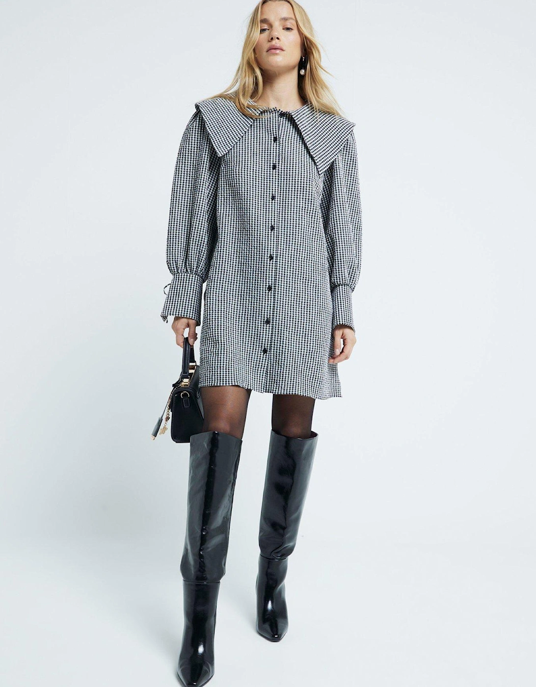 Large Collar Mini Shirt Dress - Black, 5 of 4
