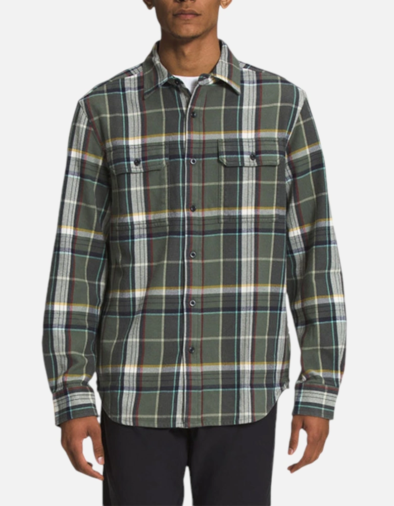 Mens Check Shirts Cotton Long Sleeve Soft Flannel Olive TNF Tops