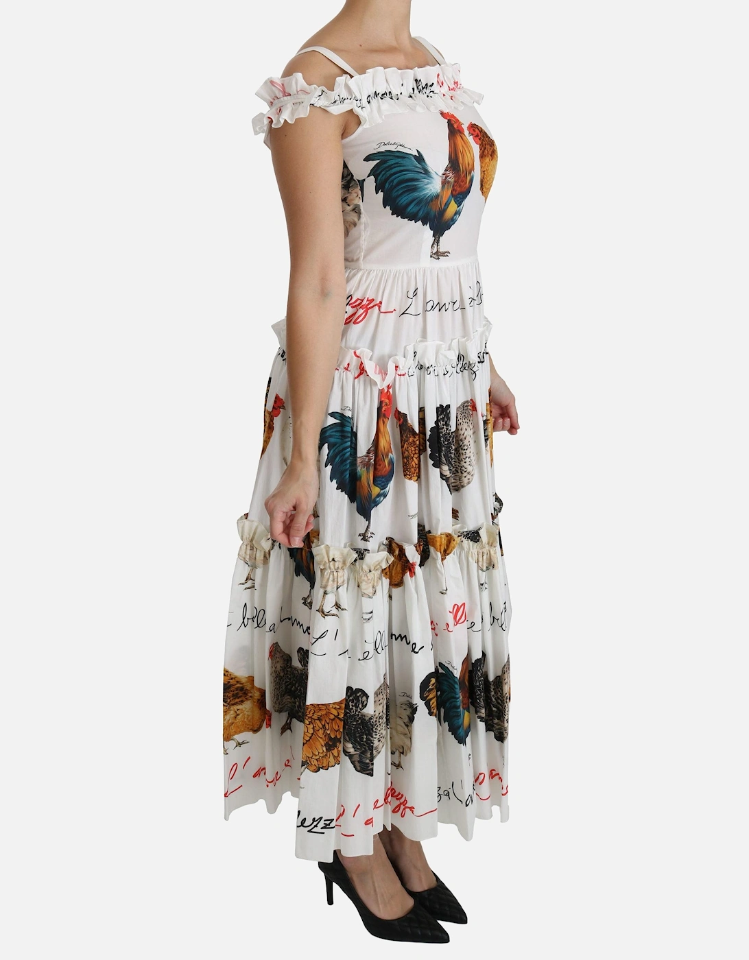 Chicken Print Midi Dress Ruffled Tiered Dress Women - White Dresses