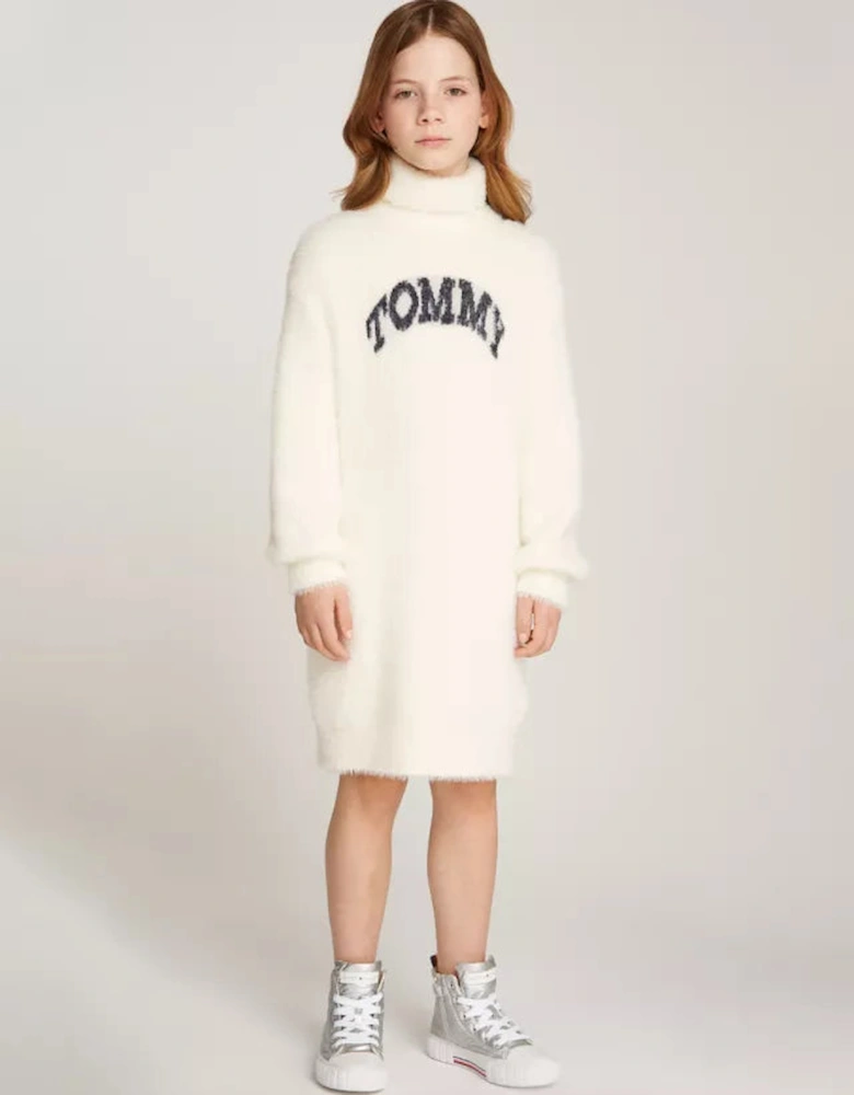 Girls Tommy Turtleneck Fluffy Long Sleeve Dress Cream