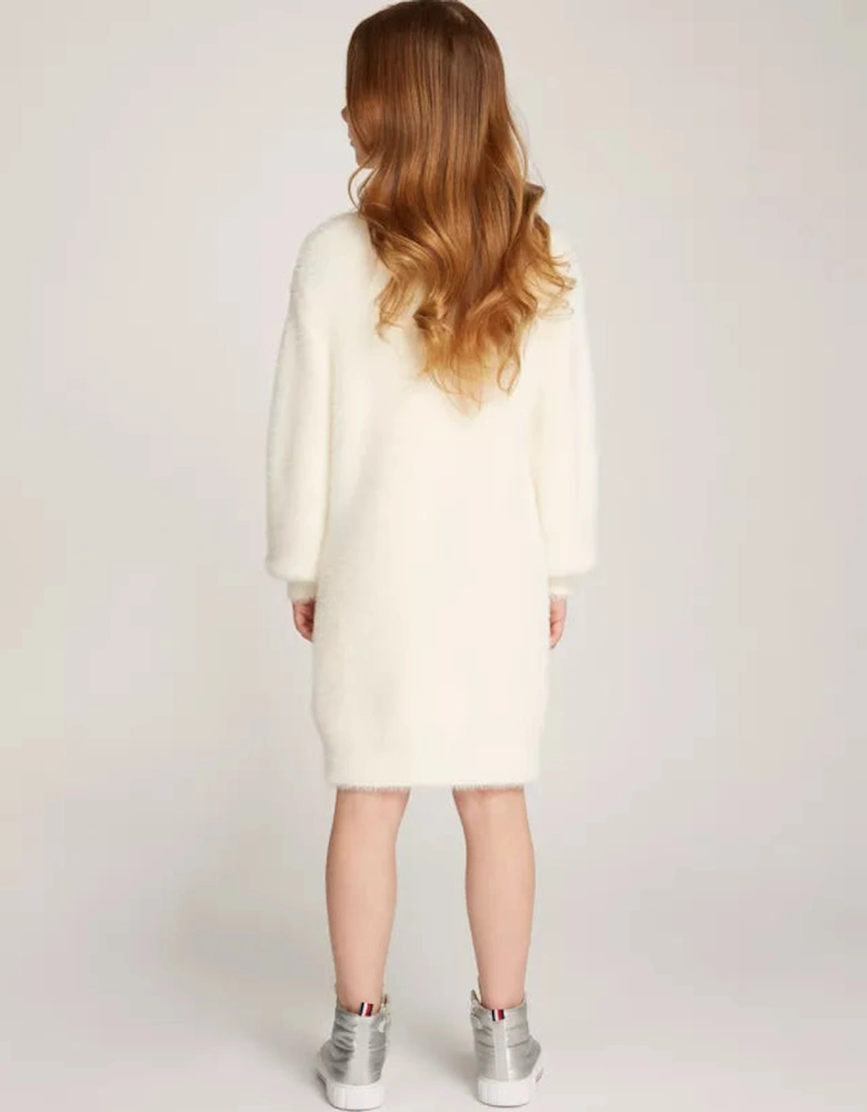 Girls Tommy Turtleneck Fluffy Long Sleeve Dress Cream