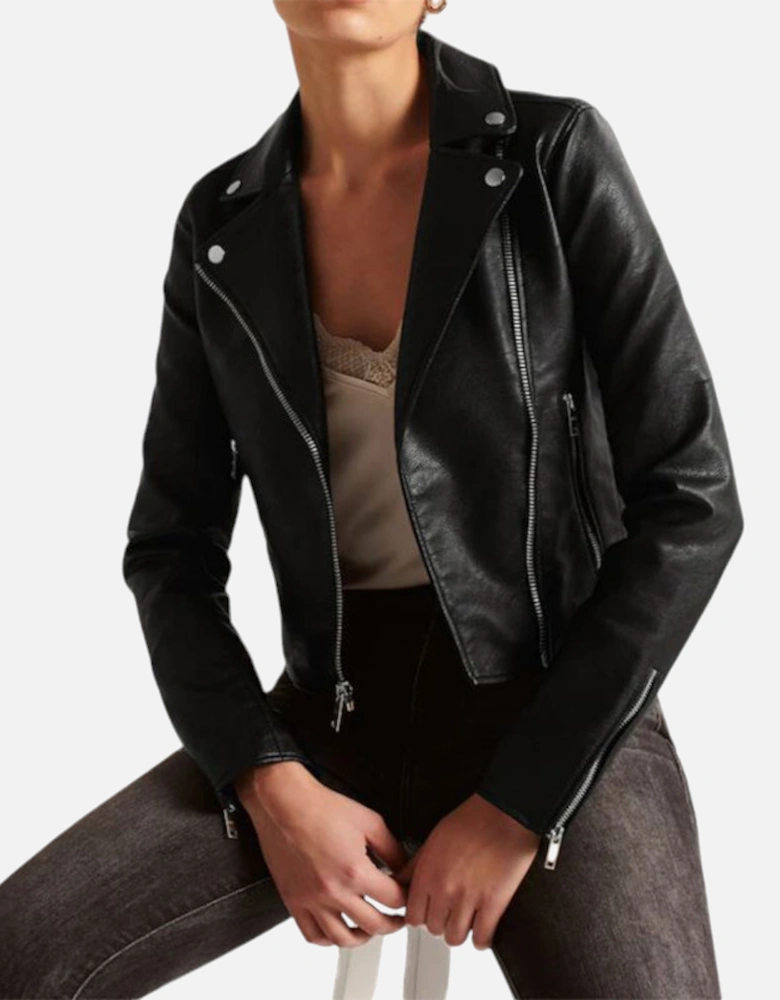 Womens Leather Jacket Vegan Faux Moto Biker Winter A&F Black