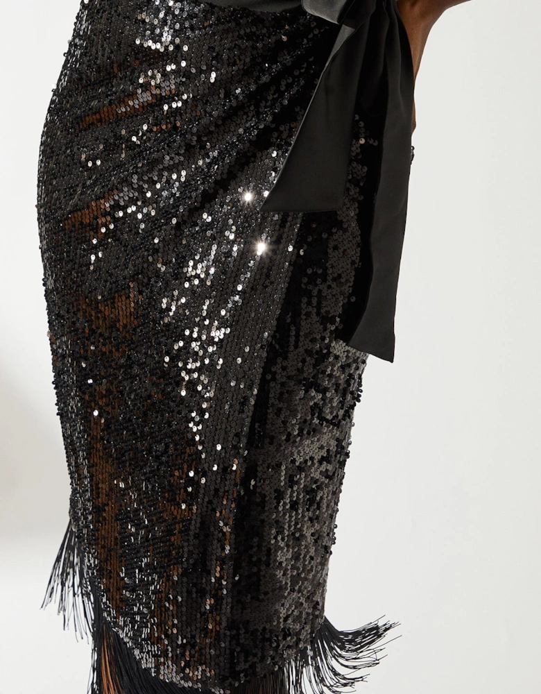 Party Sequin Fringe Hem Wrap Skirt