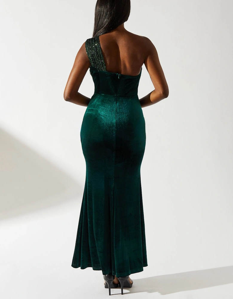 Velvet Sequin Asymmetric Maxi Dress