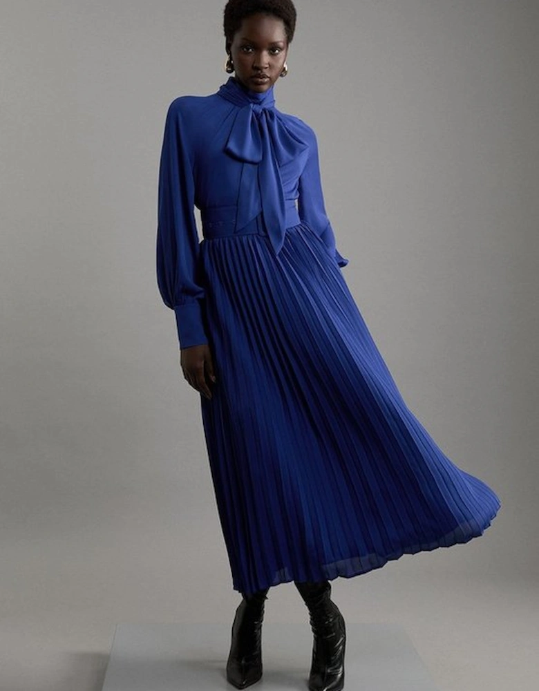 Pleated Woven Belted Tie Neck Maxi Shirt Dress