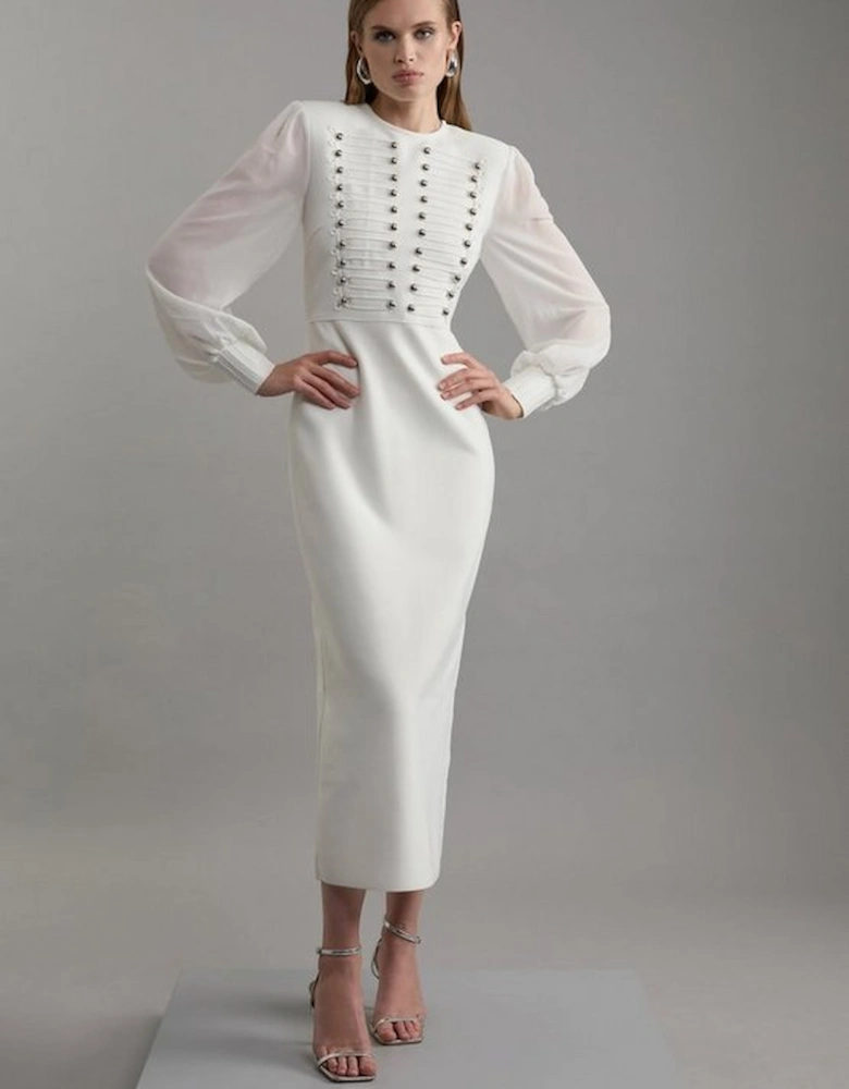 Figure Form Bandage Knit Chiffon Sleeve Military Trim Maxi Dress