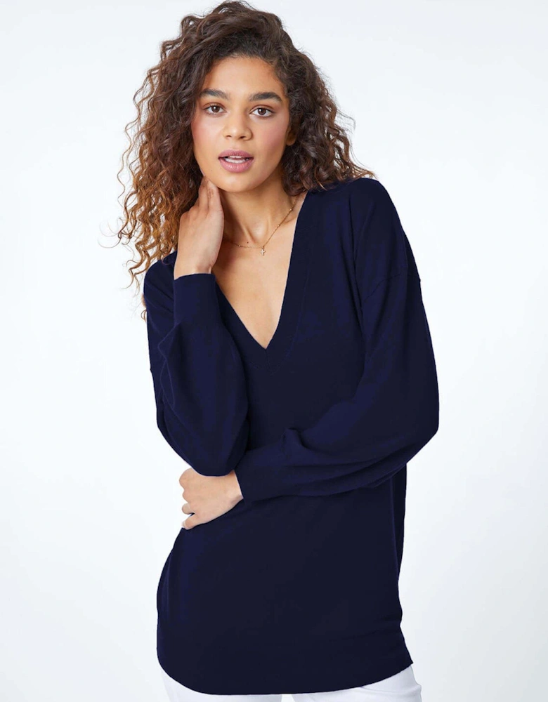 Plain Stretch V-neck Longline Jumper - Navy