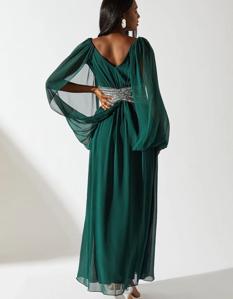 Cape Shoulder Chiffon Embellished Waistband Maxi Dress