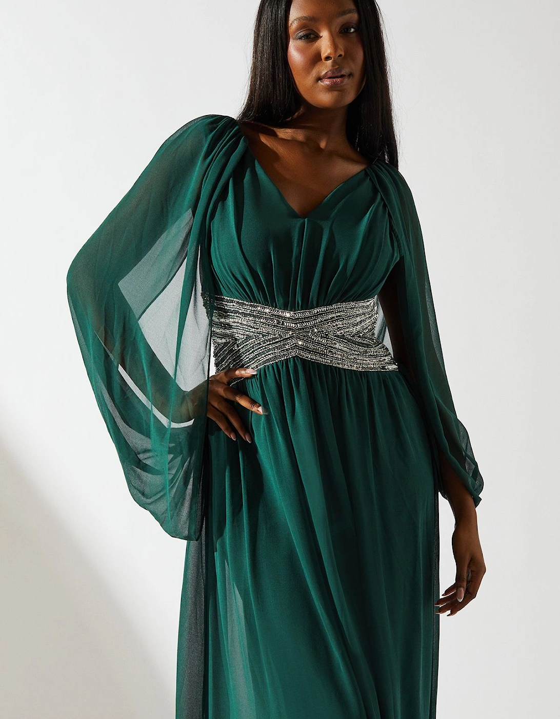 Cape Shoulder Chiffon Embellished Waistband Maxi Dress