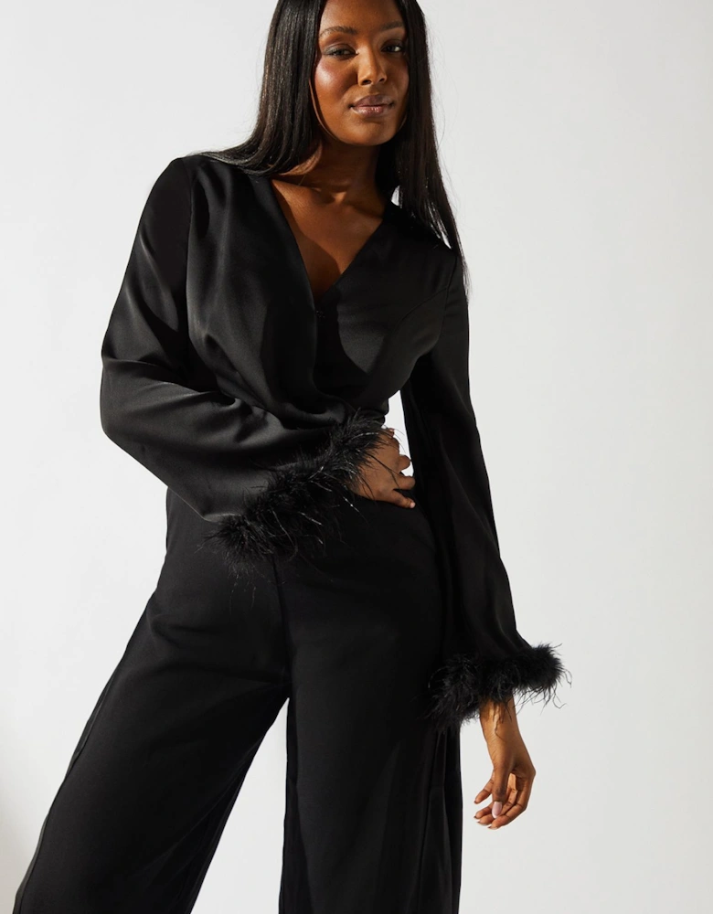 Satin Long Sleeve Jumpsuit With Feather Cuff