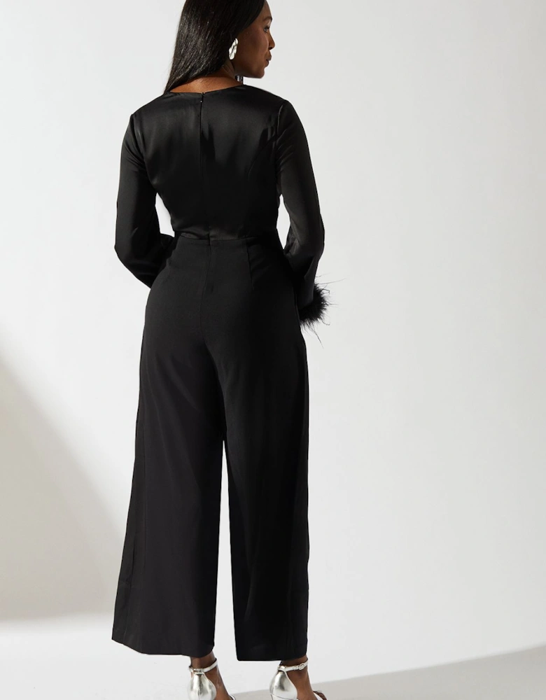 Satin Long Sleeve Jumpsuit With Feather Cuff