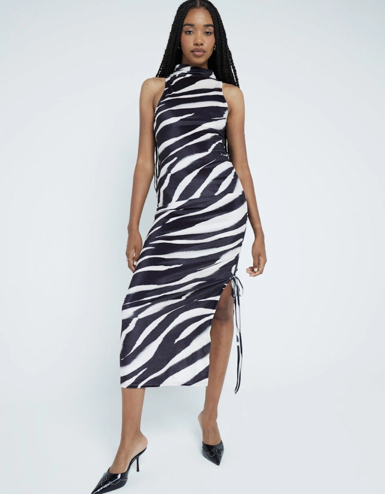 Zebra Velvet Ruched Midi Dress - Black