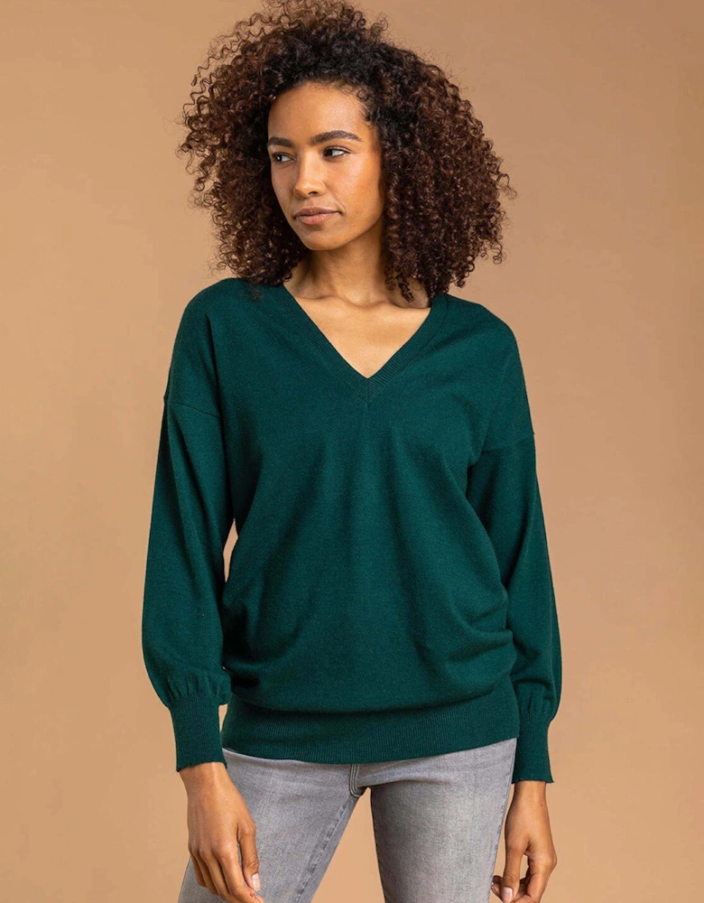 Plain V-neck Stretch Longline Jumper - Dark Green