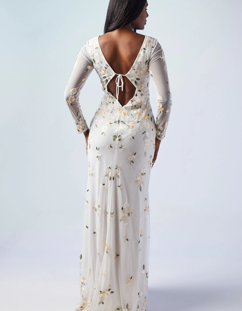 All Over Embroidered Wildflower Long Sleeve Wedding Dress