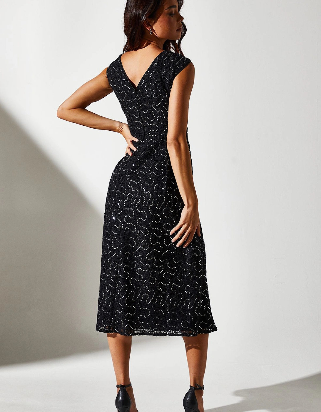 Petite Sequin Lace Printed Fit & Flare Midi Dress