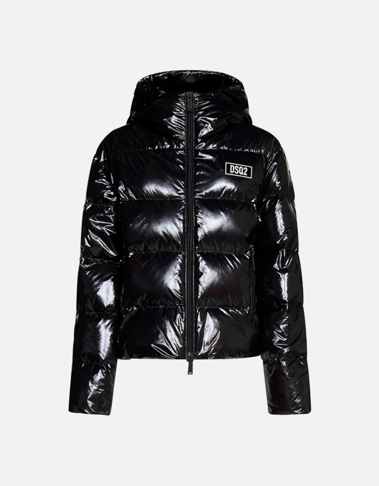 Logo Patch Hooded Down Coat in Black