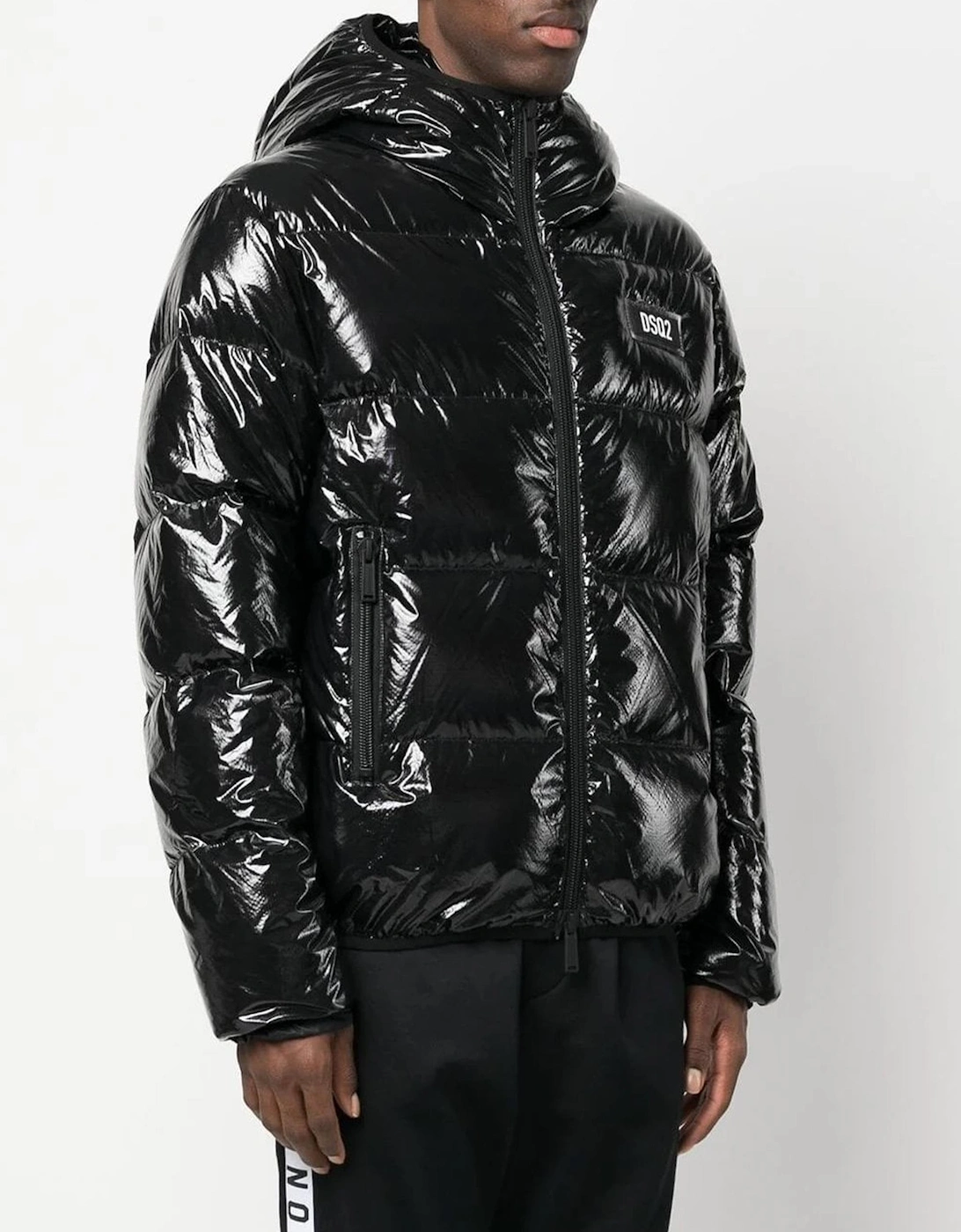 Logo Patch Hooded Down Coat in Black