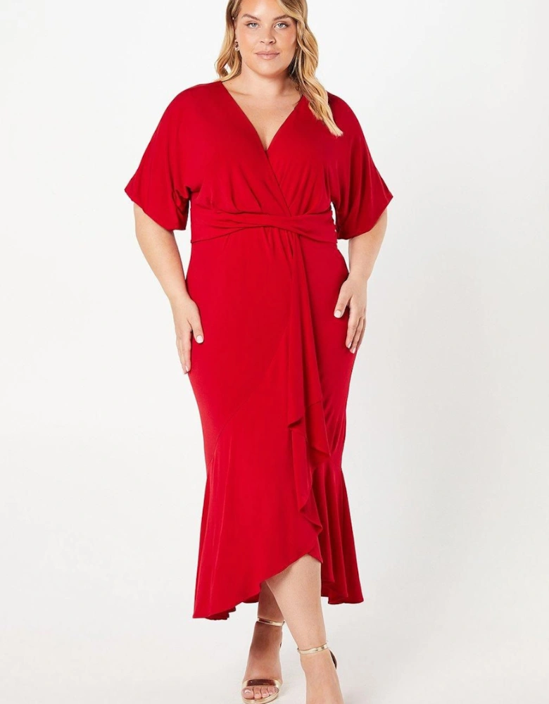 Plus Jersey Wrap Front Midi With Ruffle