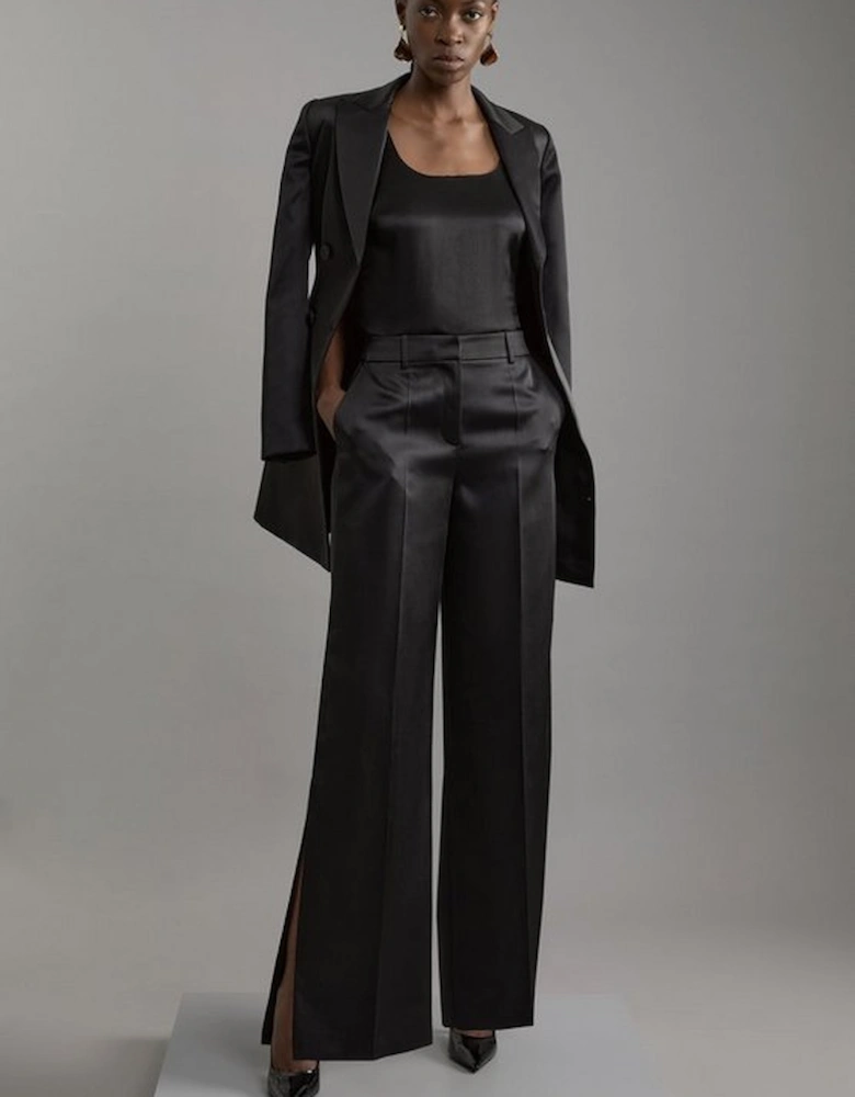 Structured Viscose Satin Tailored Wide Leg Trousers