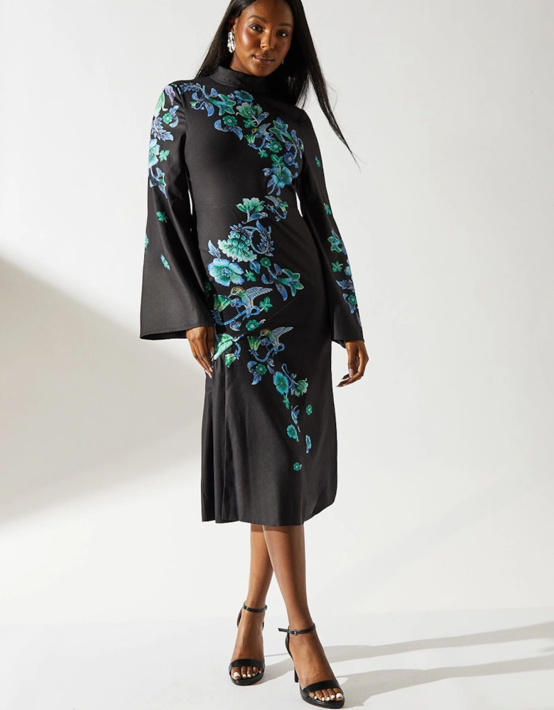 Printed Long Sleeve High Neck Midi Dress