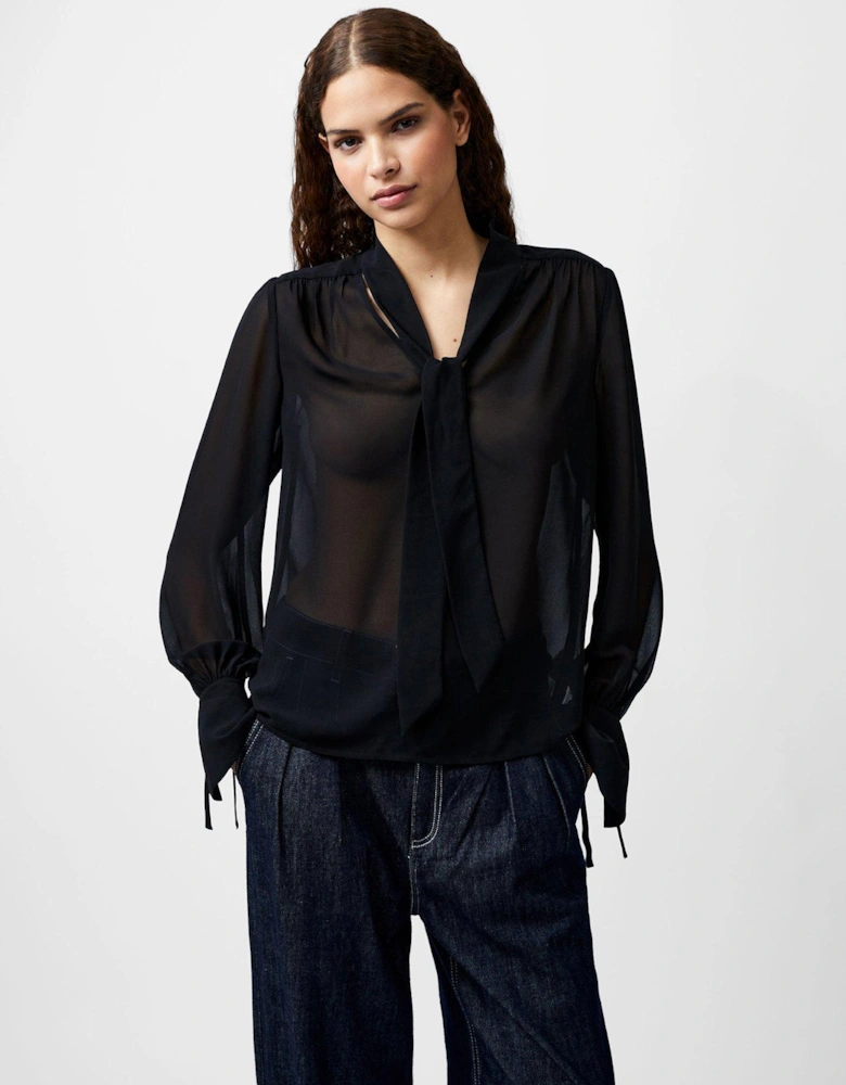 Tie V-neck Long Sleeve Flared Blouse - Black