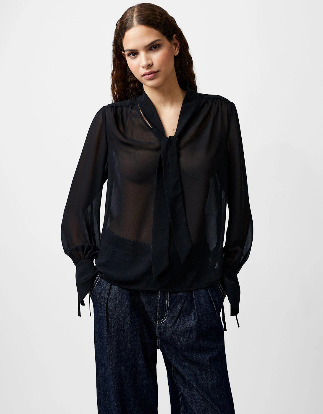 Tie V-neck Long Sleeve Flared Blouse - Black, 2 of 1