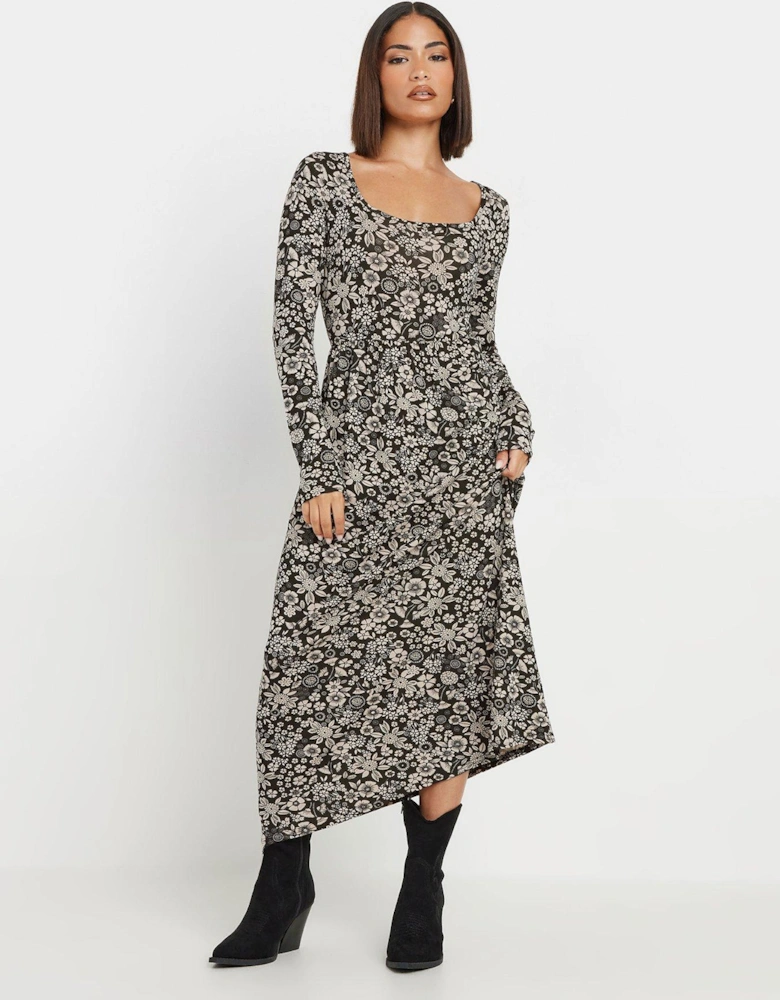 Petite Long Sleeve Floral Midi Dress - Black