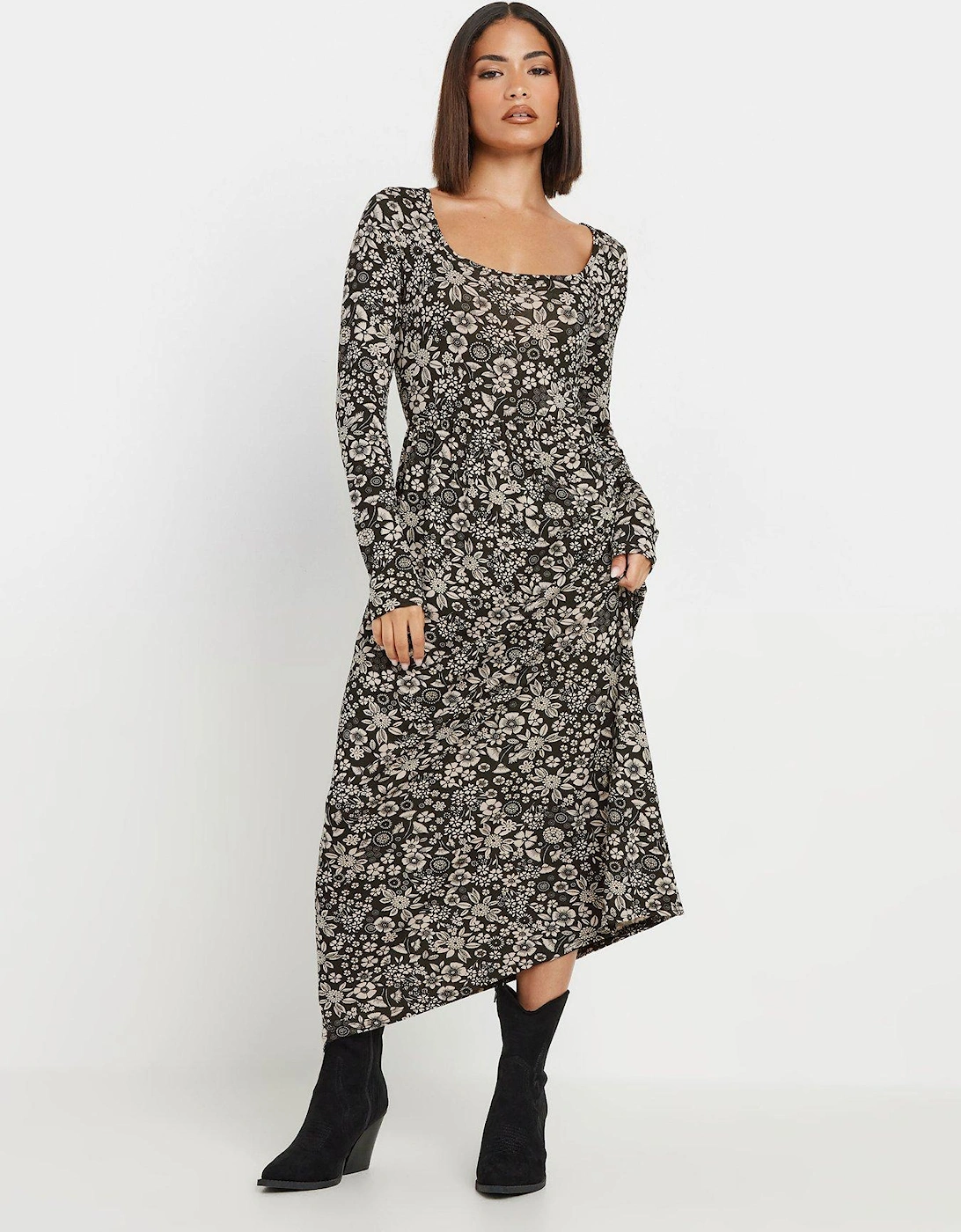 Petite Long Sleeve Floral Midi Dress - Black, 2 of 1