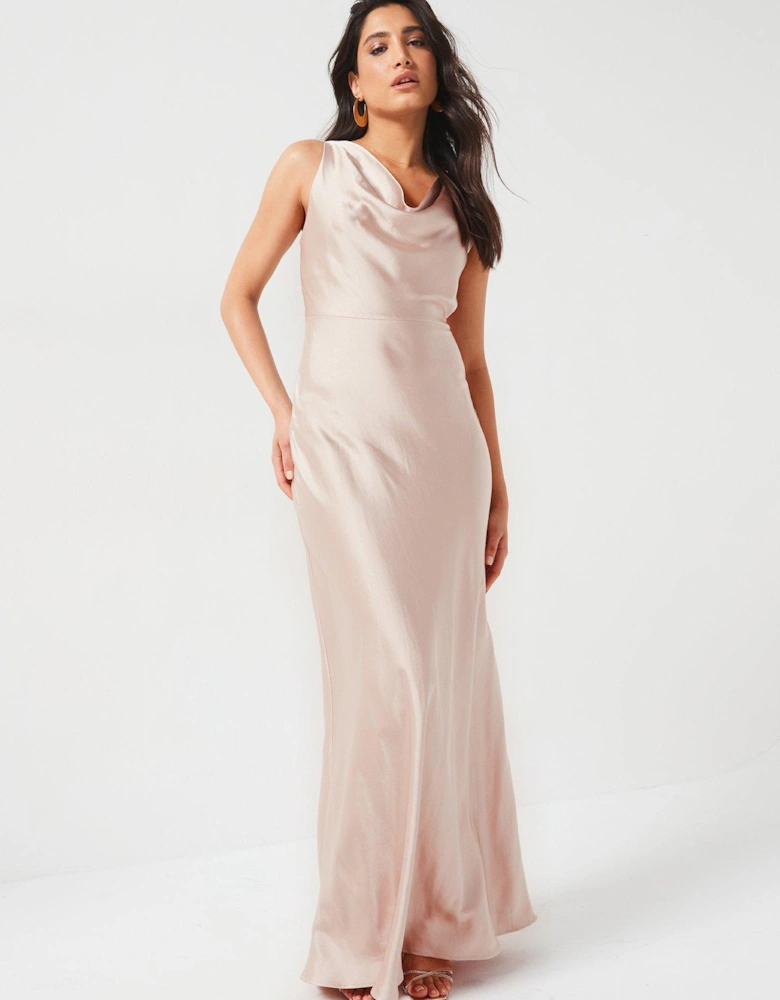 Cowl Front Satin Bridesmaid Dress - Oyster