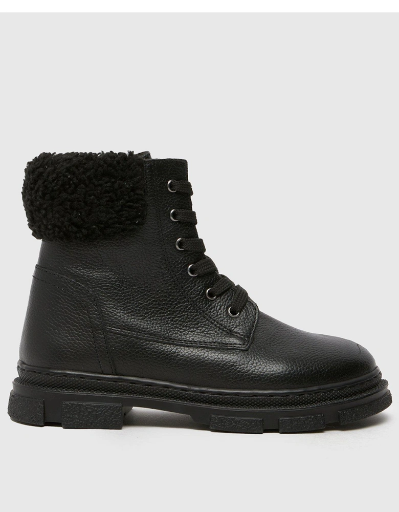 Charley Leather Fur Lace Up Junior Boots - Black