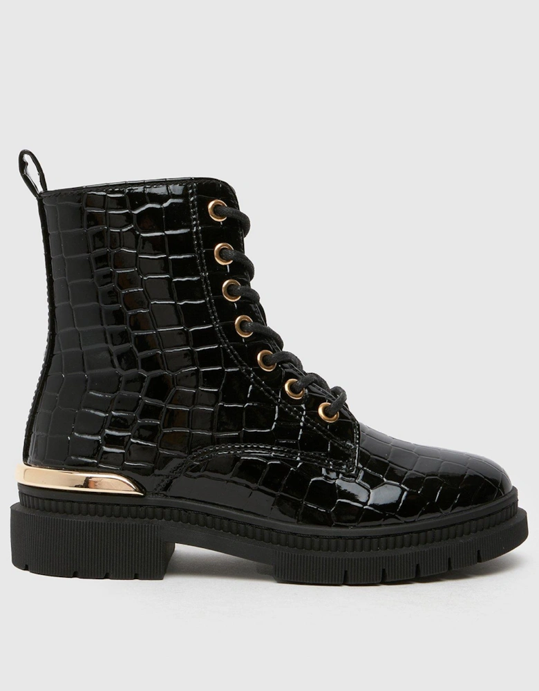 Junior Cindy Patent Croc Lace Up Boots - Black