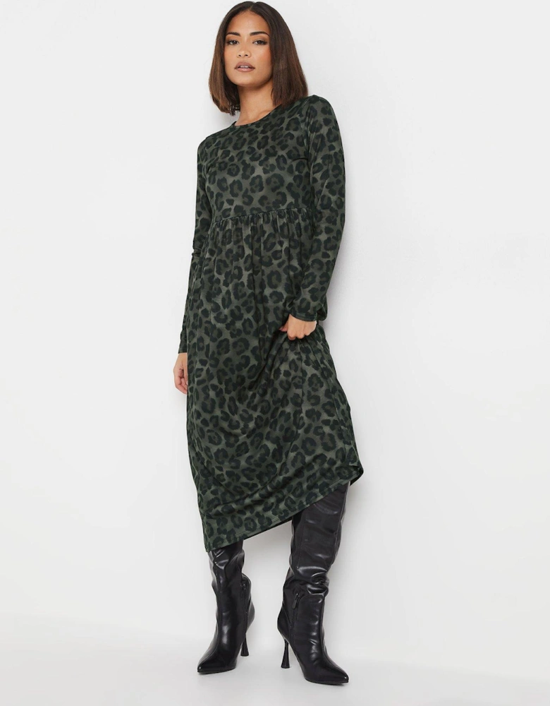 Petite Animal Print Long Sleeve Midi Smock Dress