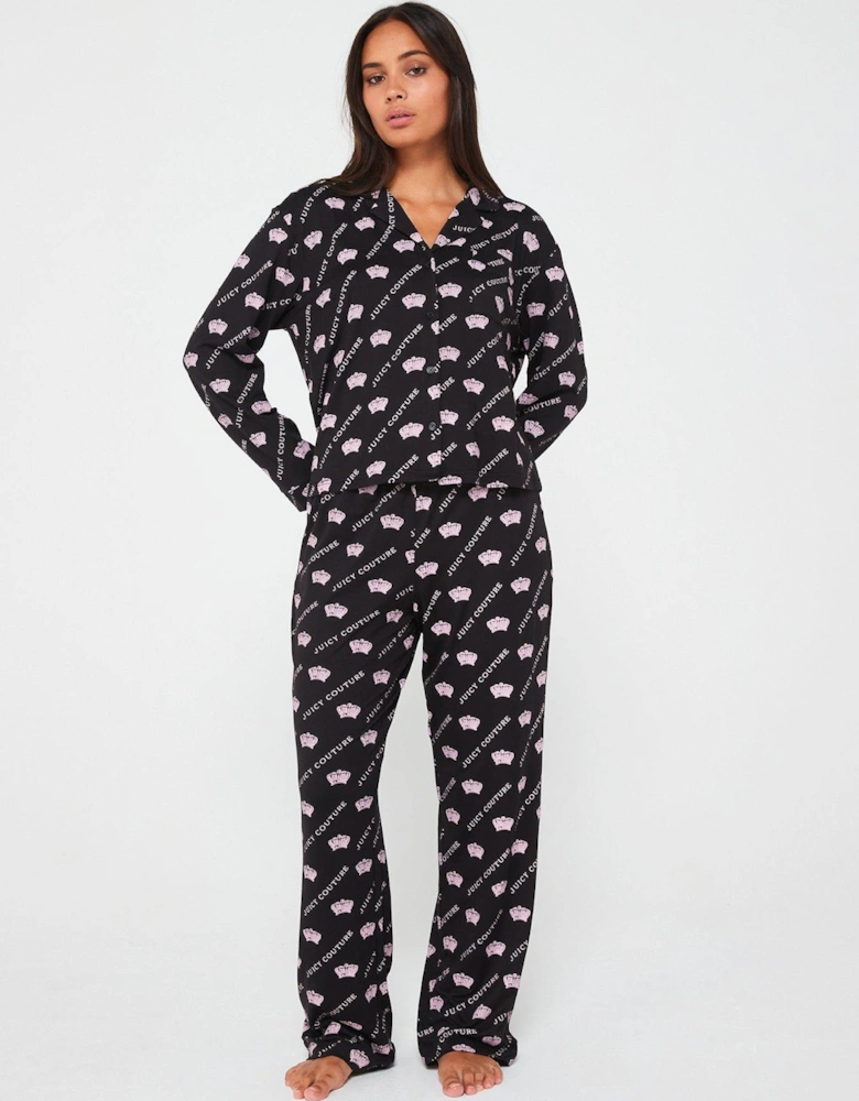 Crown Print Jersey Pyjama Set - Black