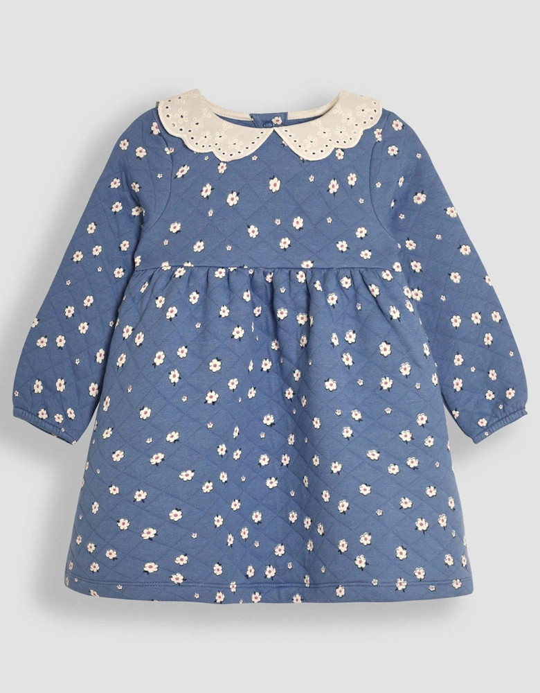 Girls Daisy Floral Broderie Collar Quilted Dress - Blue