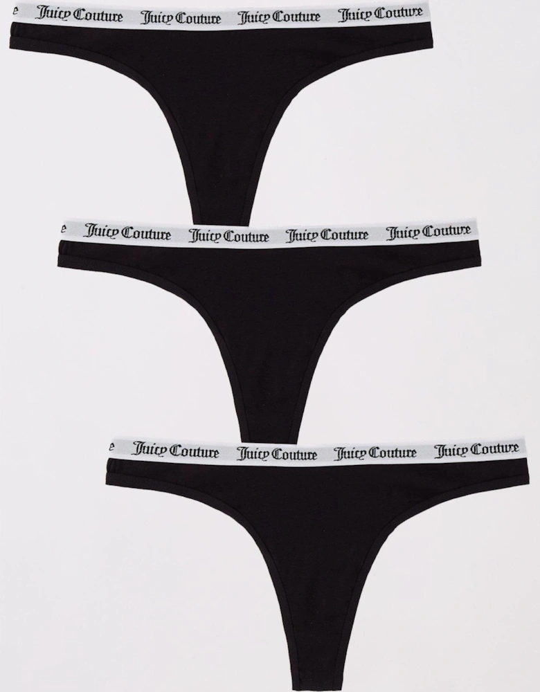 3 Pack Cotton Thong with Branded Elastic - Black