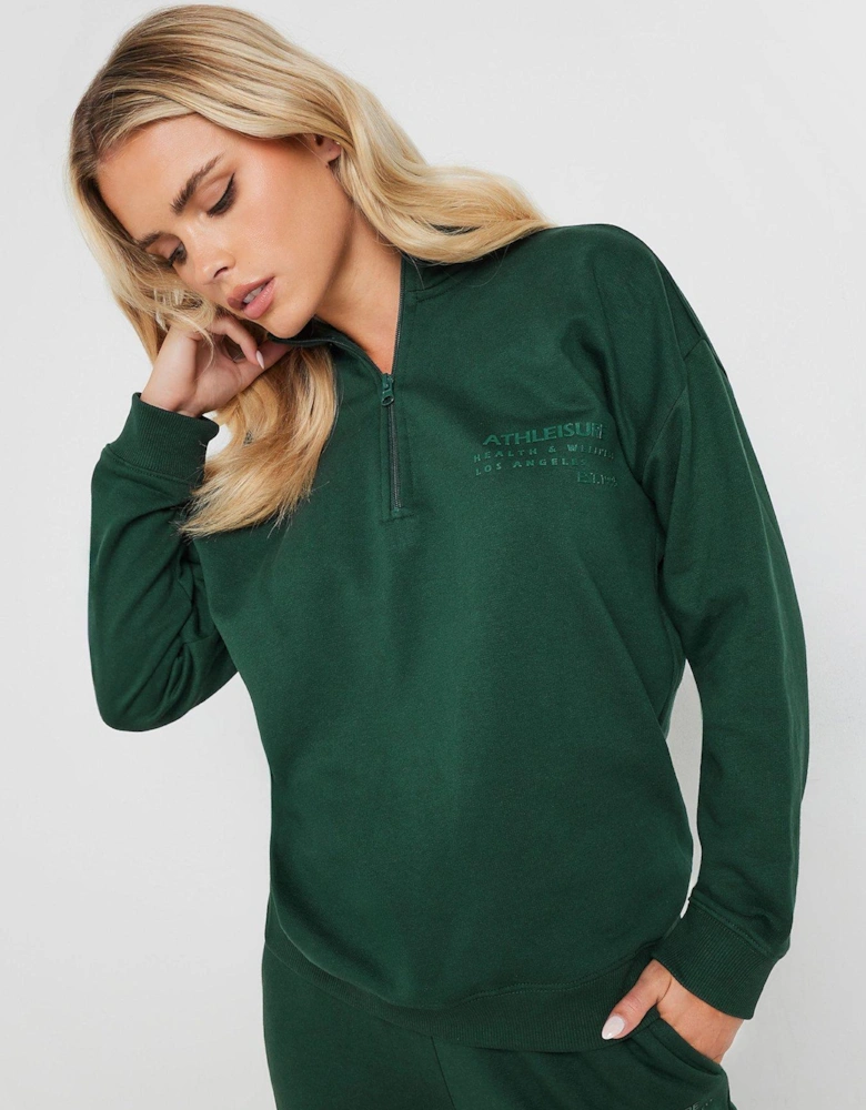 Petite Athleisure Zip Through Sweat Top - Green