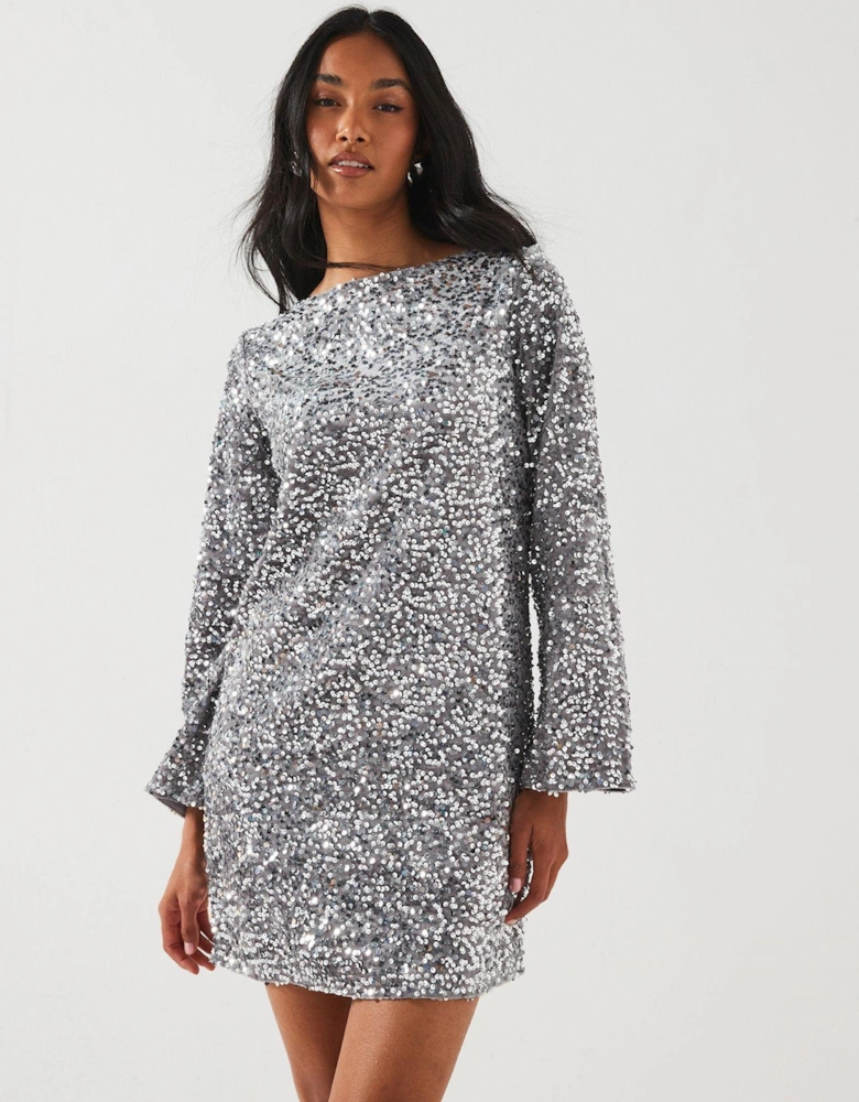 Sequin Long Sleeve Bow Detail Mini Dress - Silver