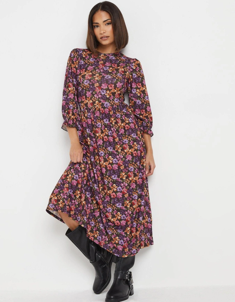 Petite Floral Long Sleeve Midi Dress