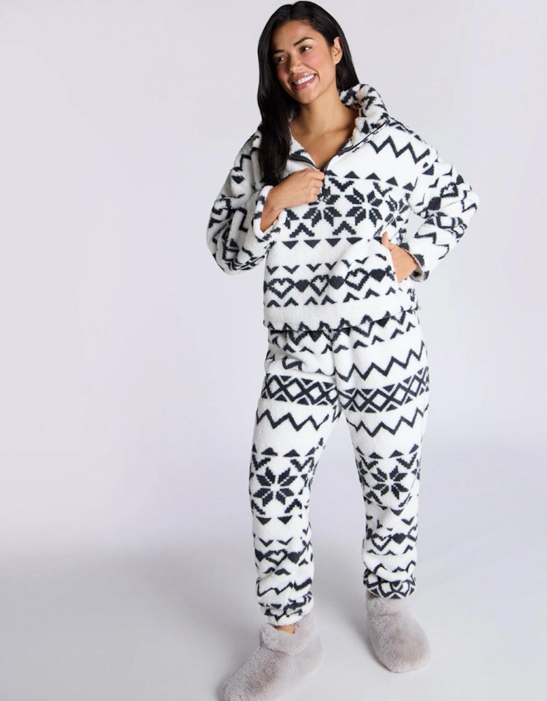 Fairisle 1/4 Zip & Pant Pj Set - Ivory Mix