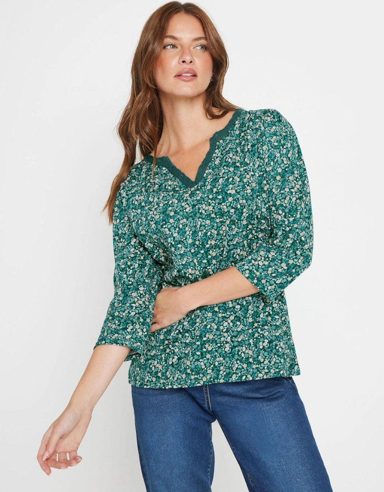 Floral Lace Trim Top - Blue