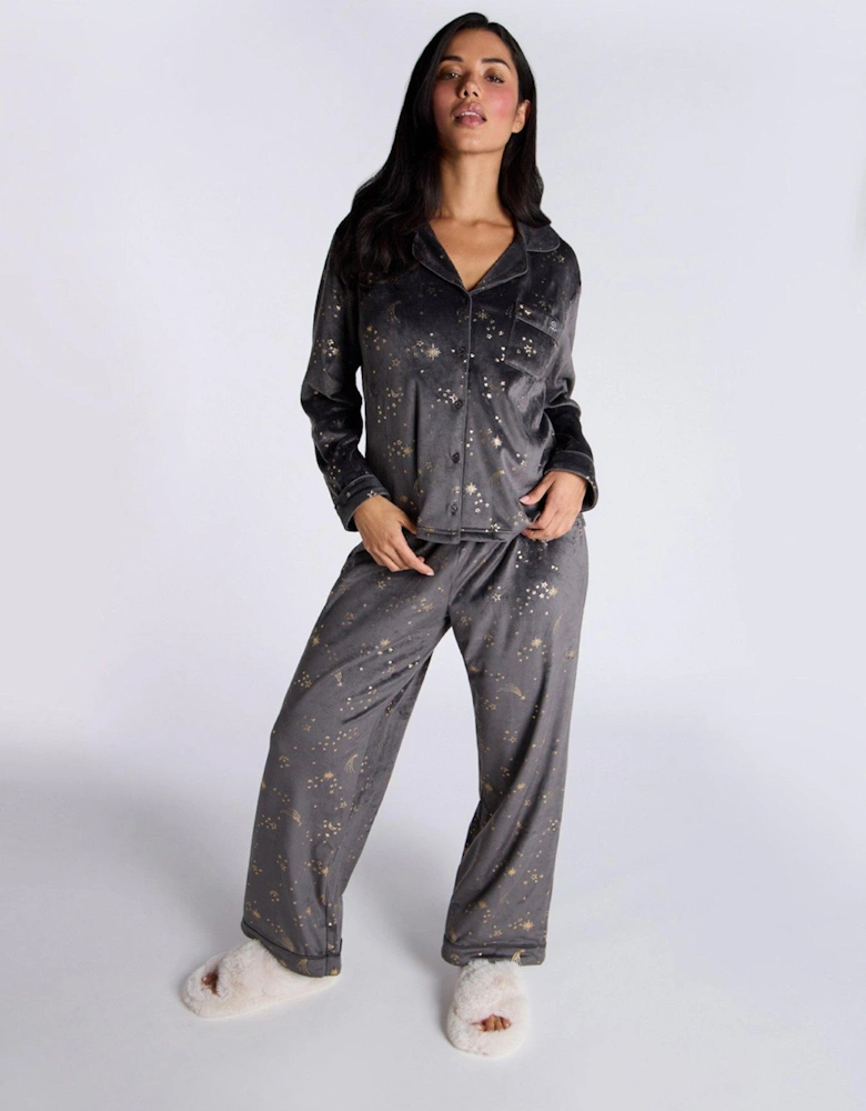 Velour Foil Star Revere & Pant Set - Charcoal