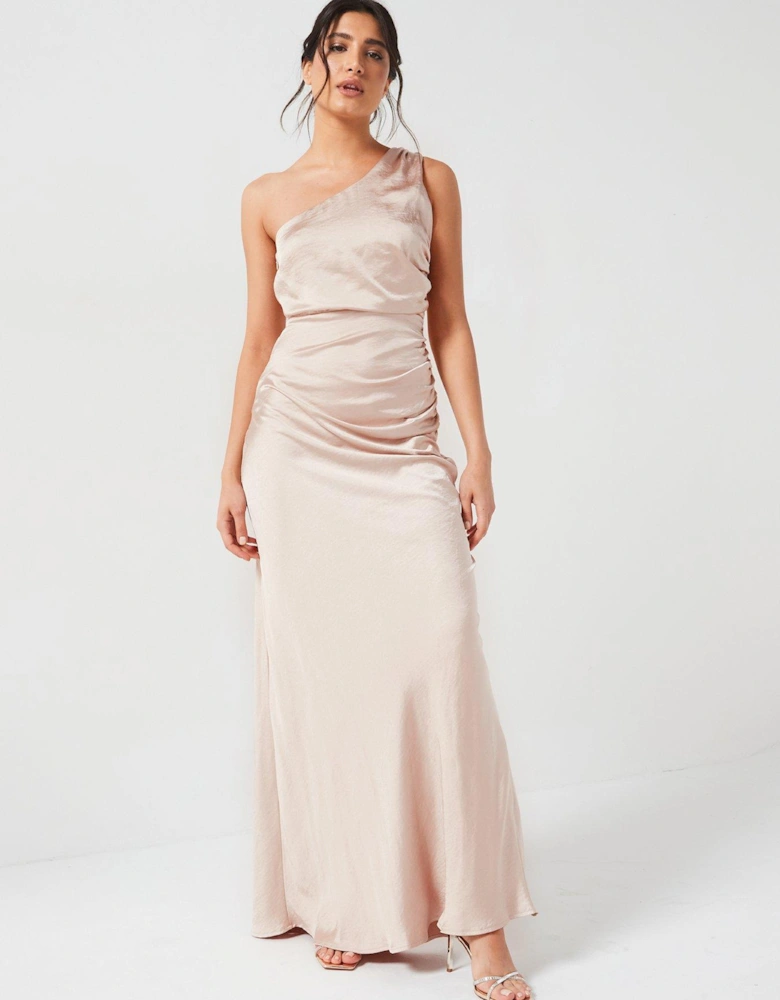 One Shoulder Satin Ruched Bridesmaid Dress - Oyster - Beige