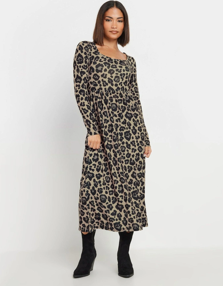 Petite Long Sleeve Animal Midi Dress - Brown